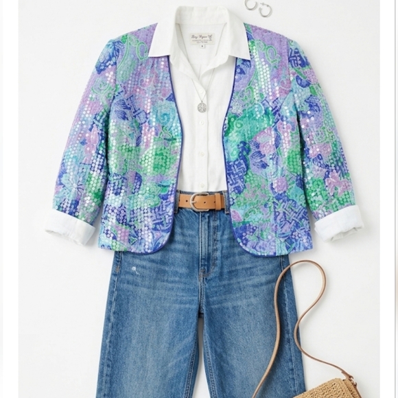 Gay Boyer Jackets & Blazers - Vtg Sequin-Embellished Lavender & Aqua Women's Blazer
